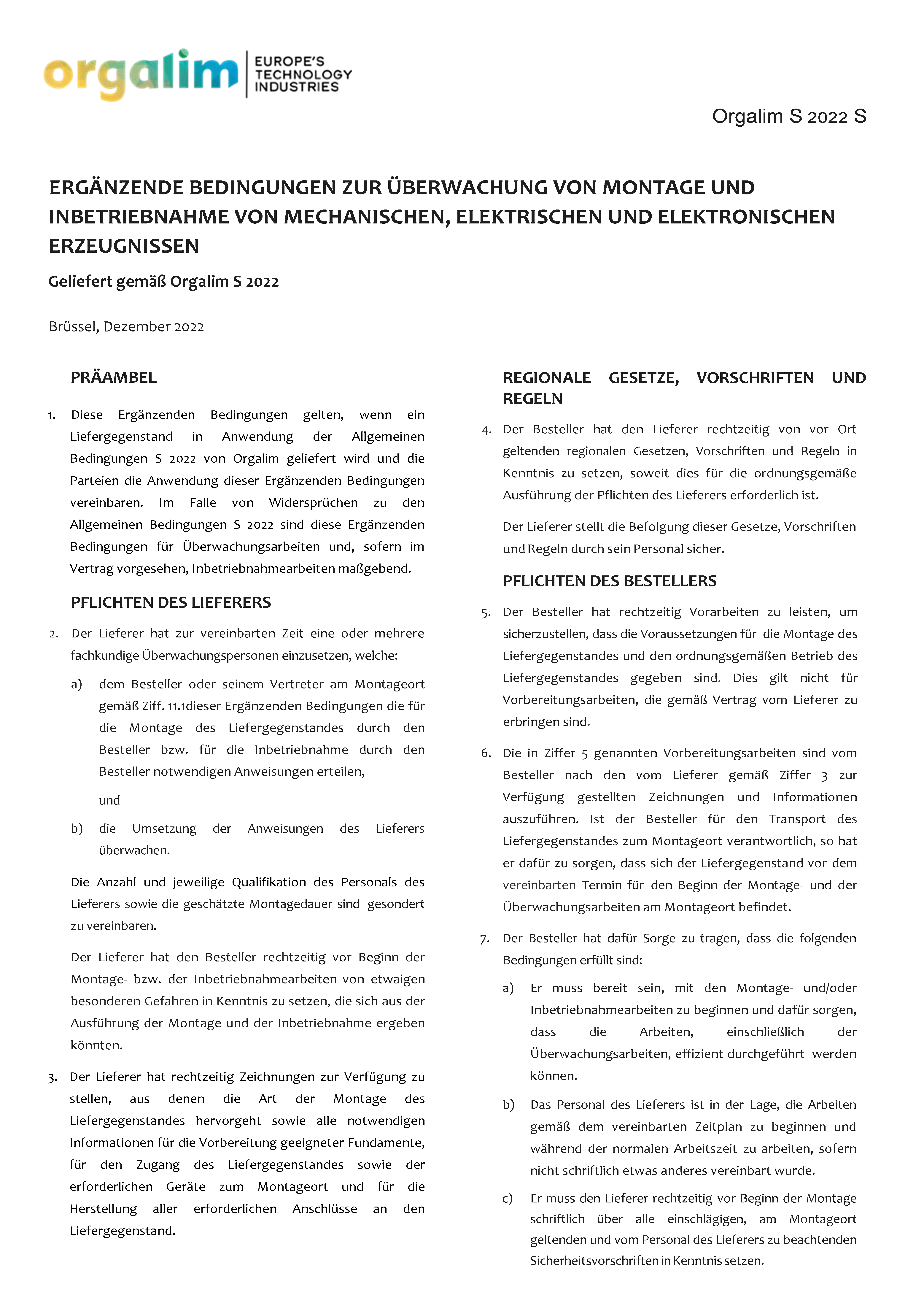 Zusatzbedingungen für die Überwachung der Montage S 2022 S