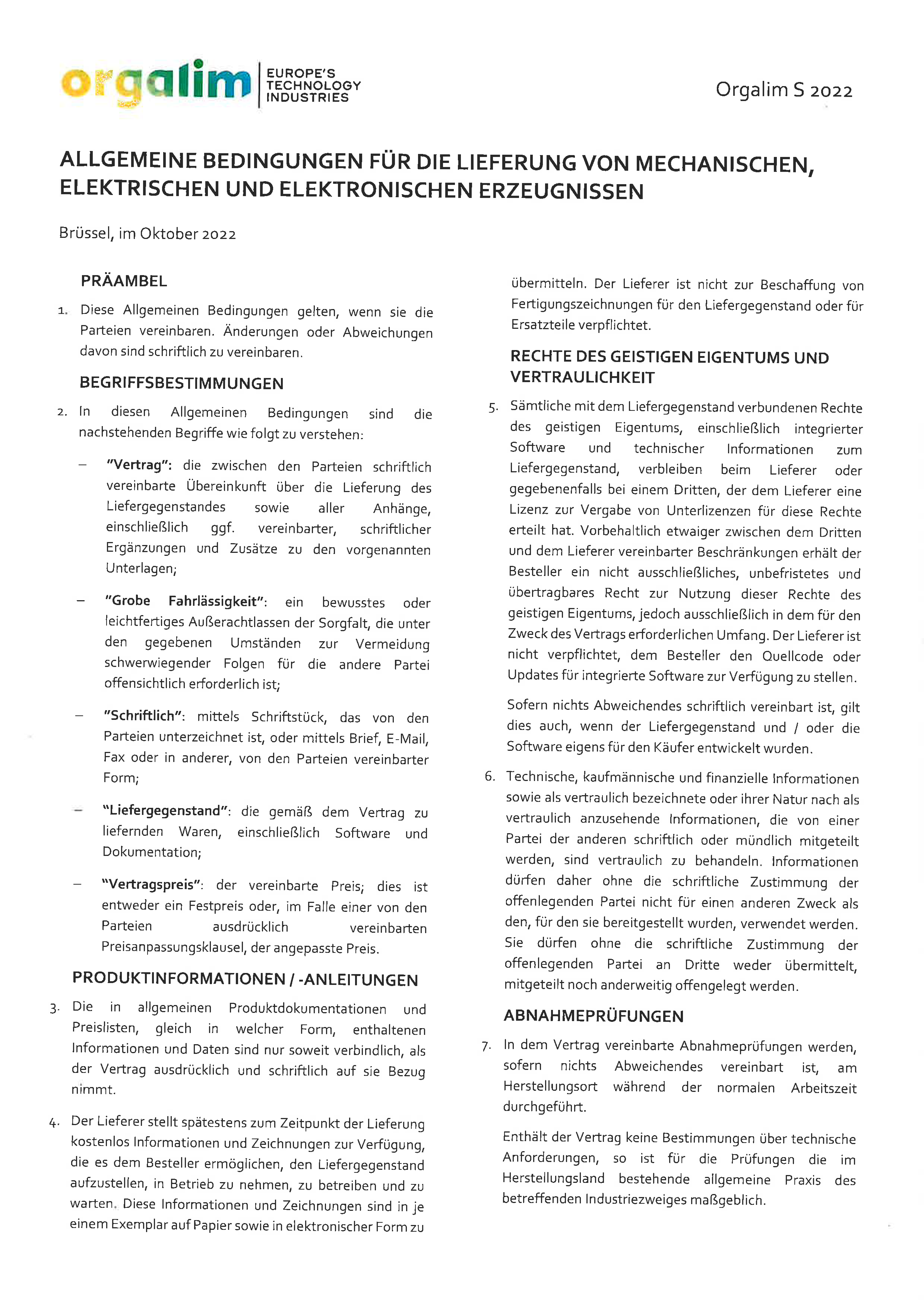 S 2022 Bedingungen für die Lieferung von mechanischen, elektrischen und elektronischen Erzeugnissen