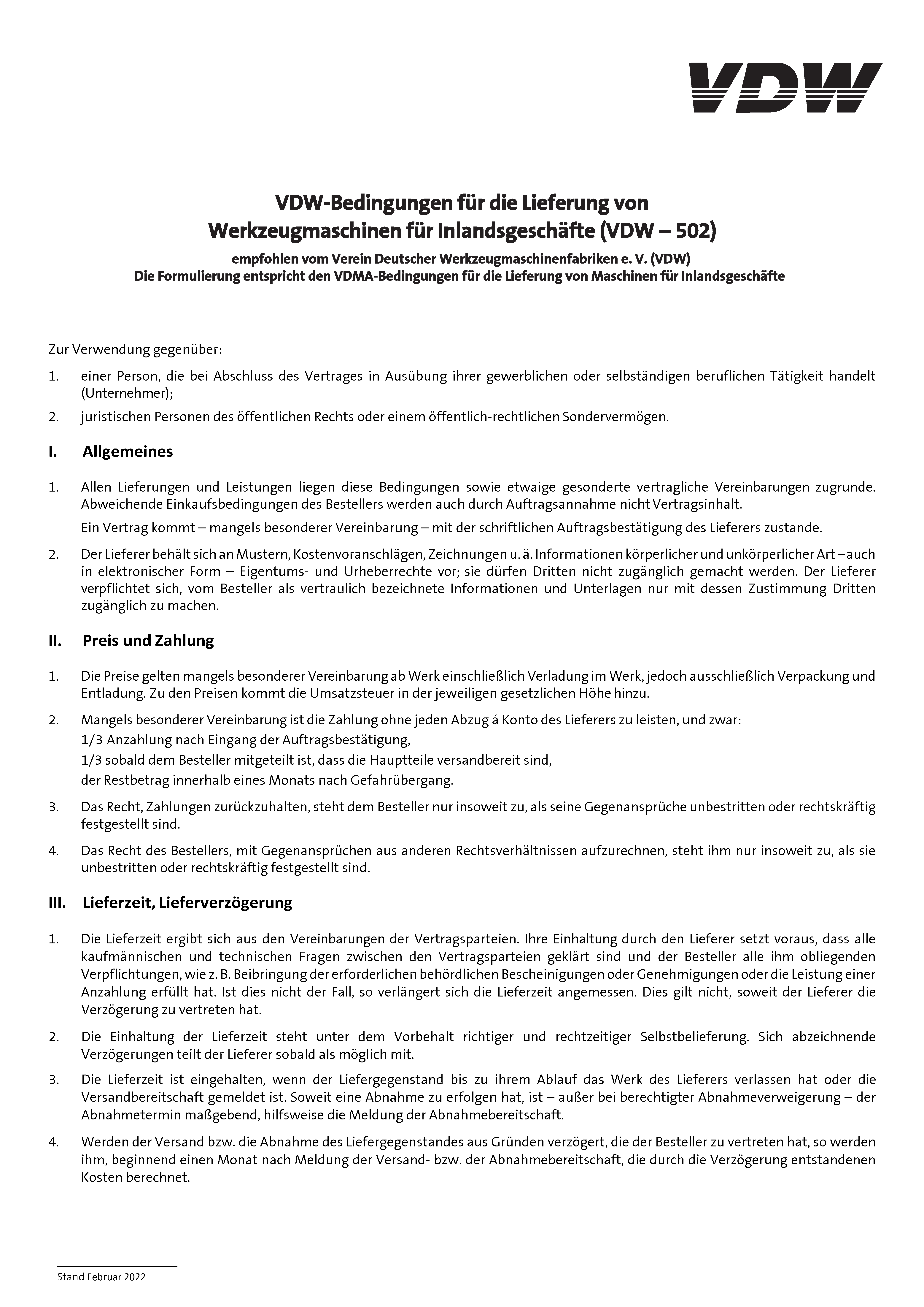 VDW Bedingungen für die Lieferung von Maschinen für Inlandsgeschäfte (VDW 502)